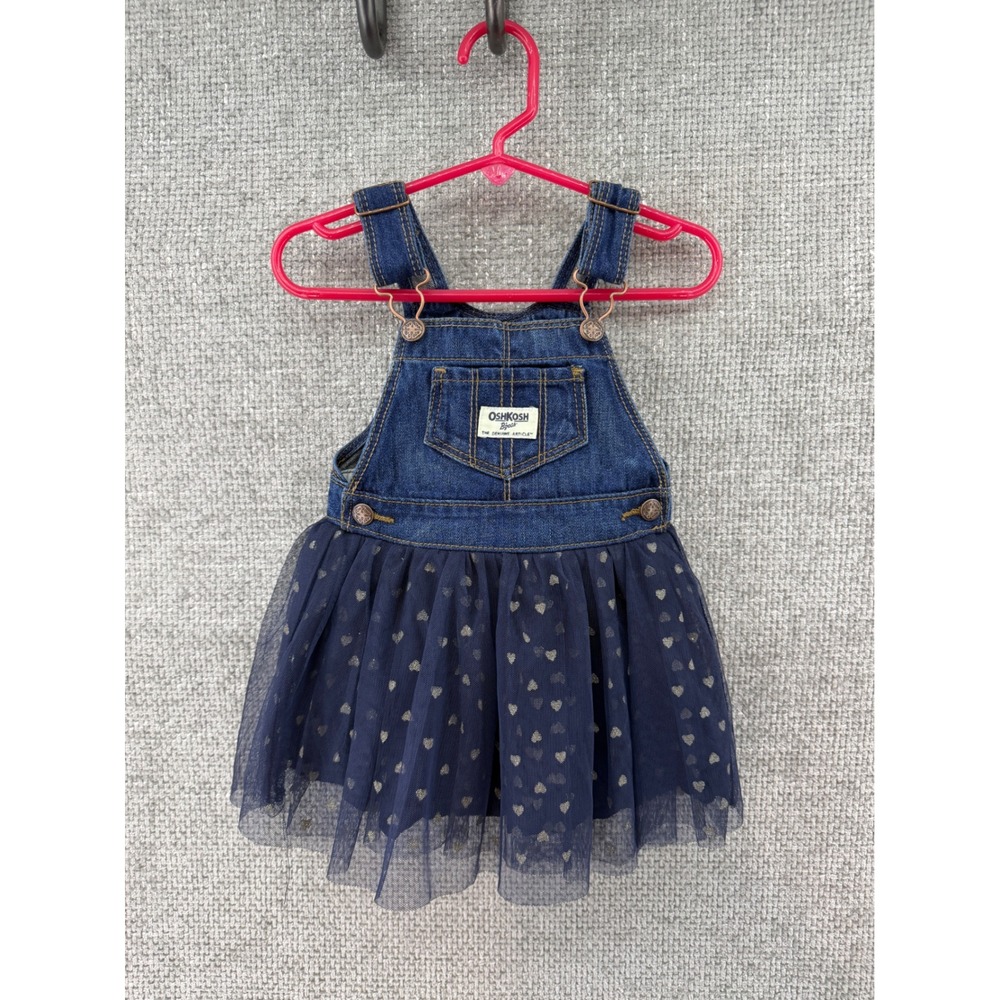 OshKosh Bgosh Vestback Baby Girls Denim Tulle Heart Dress Navy Blue Gold 12M - Picture 1 of 7